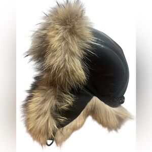 RUDSAK Black Leather Hat with Brown Fur Trim